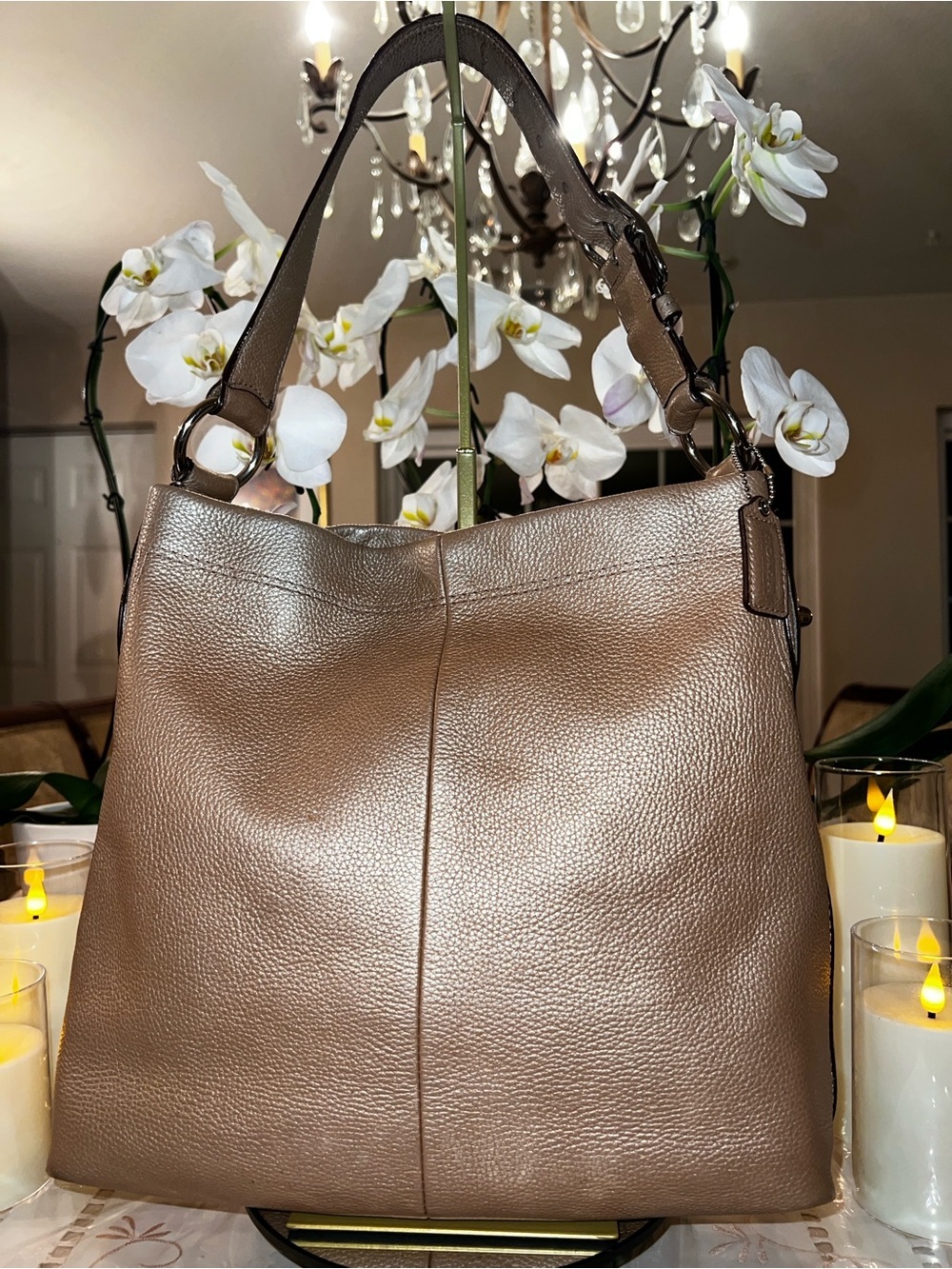 Coach Penelope Pebbled Leather Hobo Shoulder Bag | Metallic Bronze Leather | Lar